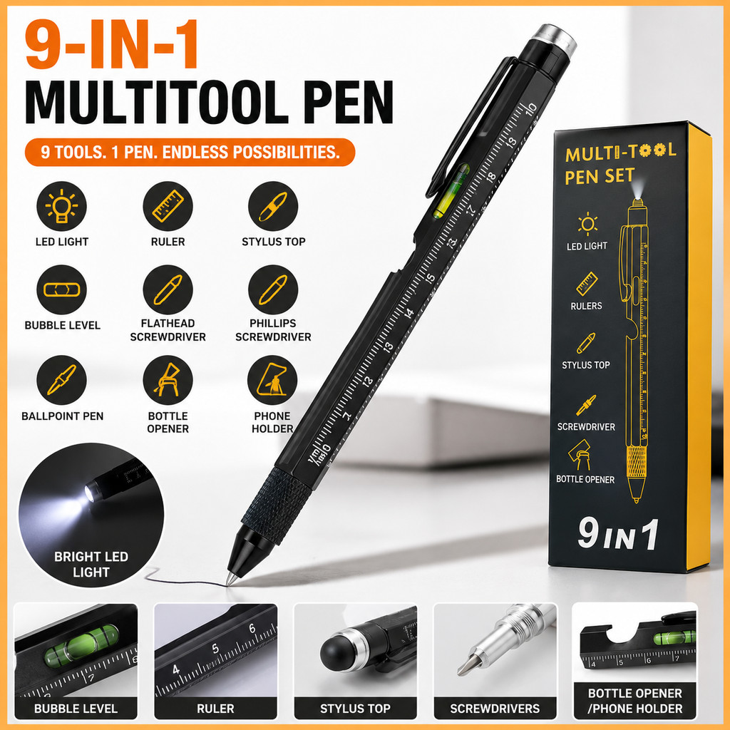 9 in 1 ปากกา LED Light ไม้บรรทัด Stylus Bubble ระดับไขควงนวัตกรรมของขวัญที่ไม่ซ้ํากัน Gadget สําหรับเขา 1 9 in 1 Multitool ปากกาโลหะ + พลาสติก