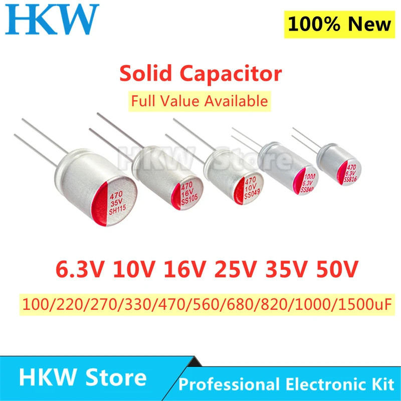 10pcs ใหม่ DIP Solid Electrolytic Capacitor Super Low ESR 6.3V 16V 25V 35V 50V 100UF 270UF 470UF 220