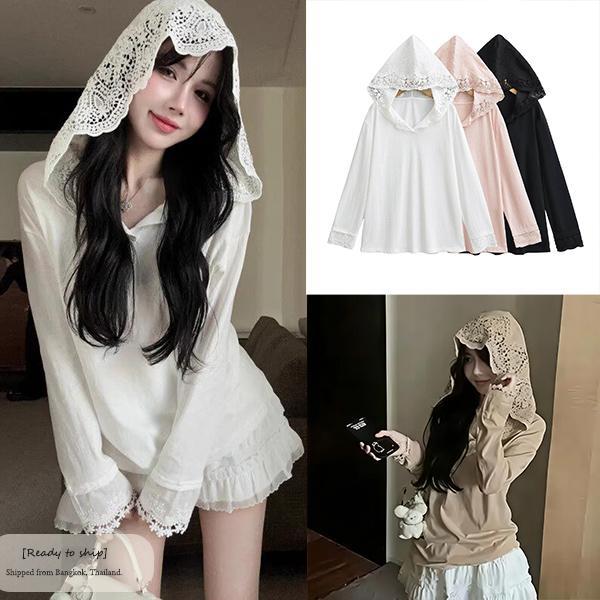 mimi&didi-[สินค้าพร้อมส่ง]เสื้อฮู้ดแขนยาวแต่งลูกไม้ ไซส์ใหญ่ กันแดด ทรงหลวม ใส่สบายๆ สวยงามและใช้งานได้หลากหลาย#99449