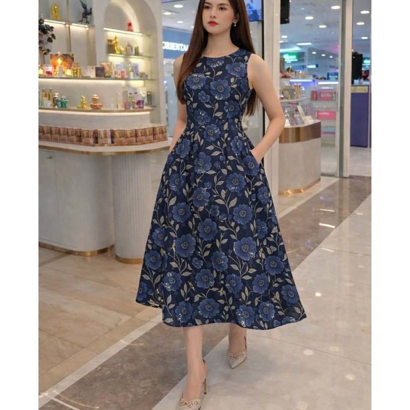 เดรสยาว 43" ทรงเอ ทรงพริ้วสวยทุกก้าว ซับในทั้งตัว พร้อมกระเป๋าล้วง2ข้าง เดรสลายดอก