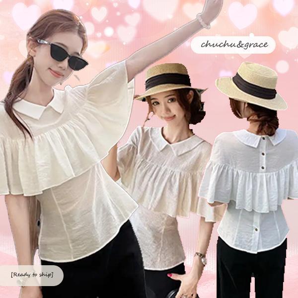 MIMI[สินค้าพร้อมส่ง]เสื้อเชิ้ตแขนกุดคอปกสีขาวดีไซน์แบบเคป ดีไซน์โดดเด่น หวาน น่ารัก แต่ก็ดูสง่างาม สำหรับผู้หญิง#99437