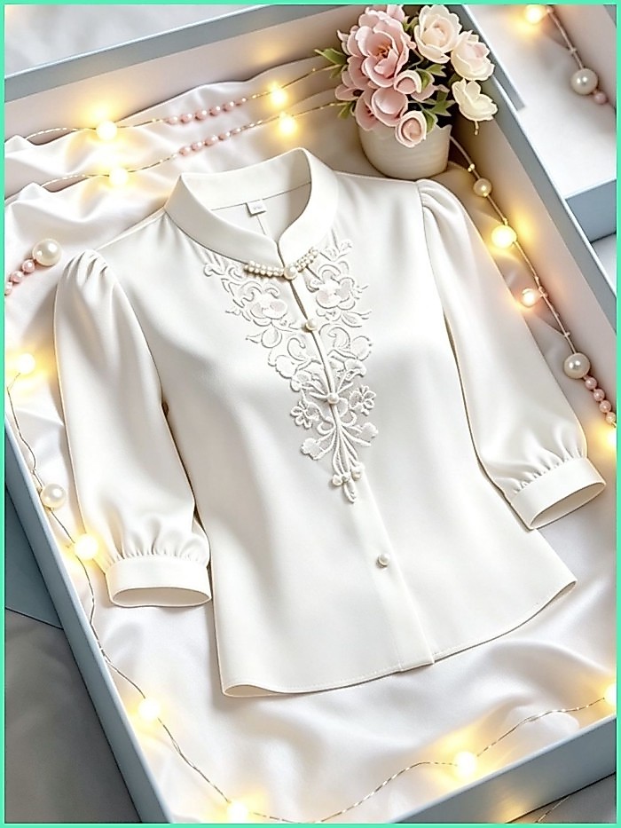 เสื้อเชิ้ตคอจีน แขนสามส่วน ปักลาย กระดุมจีน สไตล์จีน มินิมอล ทำงาน แฟชั่น 2026 ใหม่ หลวม ระบายอากาศ