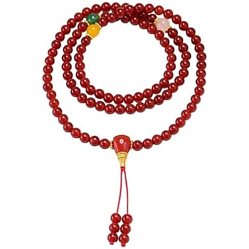 DorkTees (J红玛瑙108颗佛珠手链) 天然红玛瑙108颗佛珠 Fengshui Jade Bracelet Lucky Charm 手链寺院本命年国潮红手串项链
