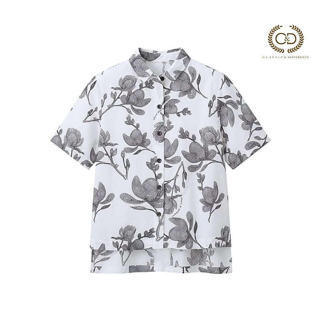 C&D เสื้อเชิ้ตผู้หญิง แบล็ค ฟาวเวอร์ สติช แขนสั้น สีดำ CC7ABL