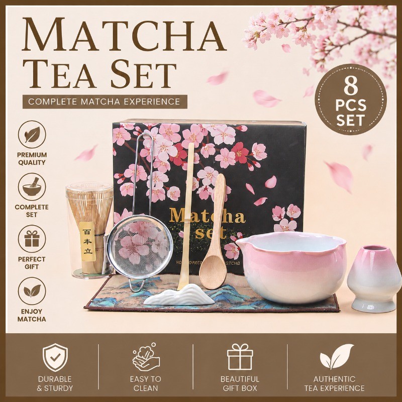 8PCS ญี่ปุ่น Matcha ชุด Matcha ชุดชาม Whisk Spouted ถ้วย Handmade พิธีชงชาชุดกล่องของขวัญหรูหรา