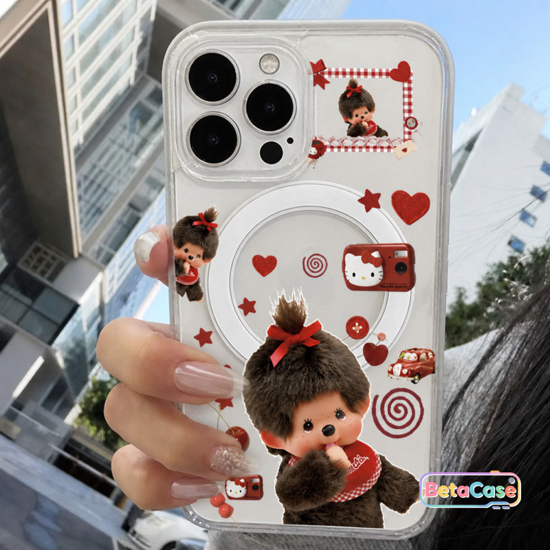 น่ารักและหวาน ลายเส้นลิงลูกอมหัวใจ ฝาใสแม่เหล็กรูใหญ่ ใช้กับ iPhone 17 16 15 14 13 12 11 Pro Max Plus