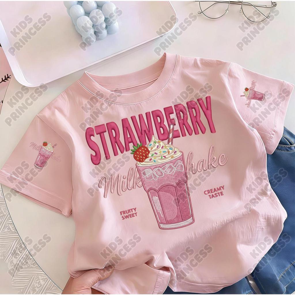COD เสื้อยืดเด็กแฟชั่น สีชมพู ลายการ์ตูนสตรอว์เบอร์รี่ เสื้อผ้าเด็กผู้หญิง สไตล์เกาหลี น่ารักสดใส
