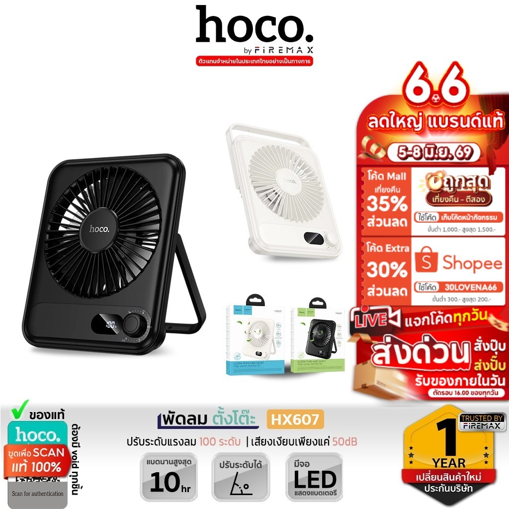 HOCO HX607 พัดลมตั้งโต๊ะ ดีไซน์บางพิเศษ ปรับได้ 100 ระดับ แบตอึด 10  ชม. เสียงเงียบ กำลังลมแรง หน้าจอ LED hx6