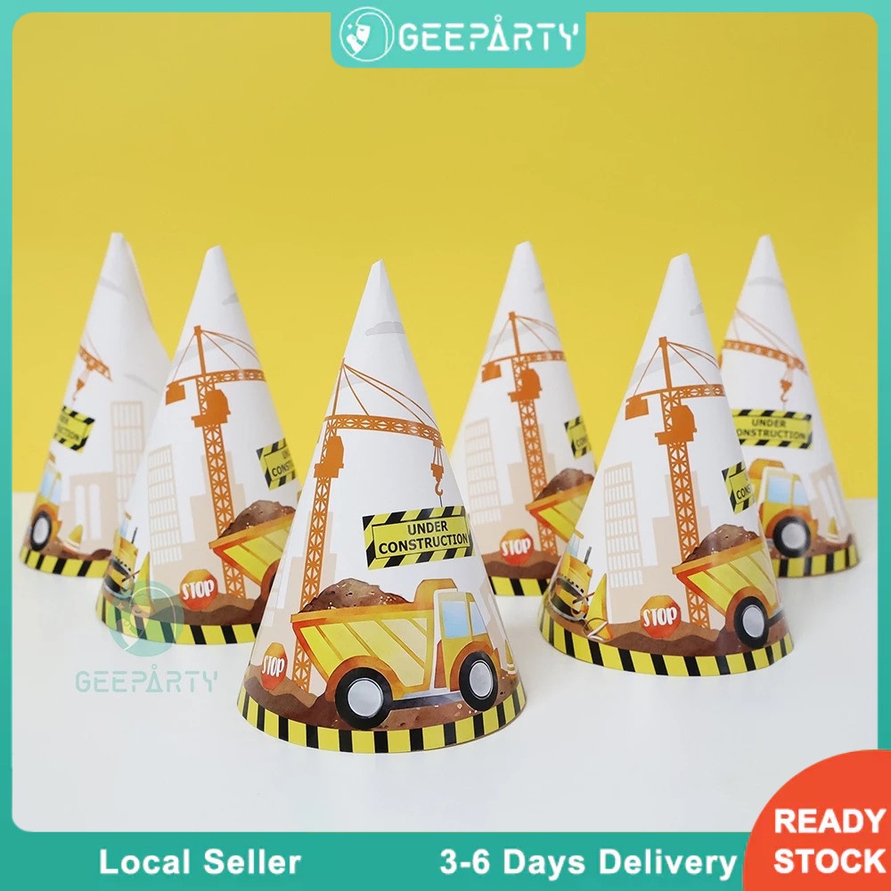 GeeParty หมวกกระดาษธีมงานก่อสร้าง 6 ชิ้น ลายรถขุด สำหรับงานวันเกิดเด็ก และตกแต่งปาร์ตี้