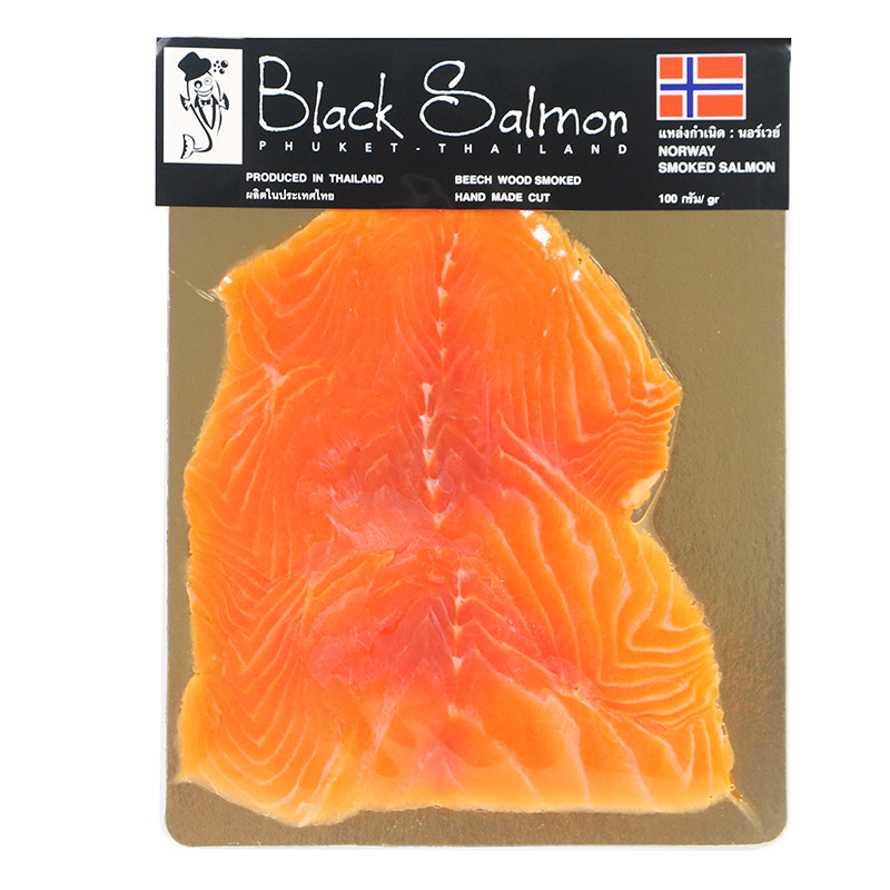 แบล็คแซลมอนปลาแซลมอนนอร์เวย์รมควัน 100กรัม Blacksalmon Smoked Norway Salmon 100g. [หมายเลขบาร์โค้ด 8859166400023 ]