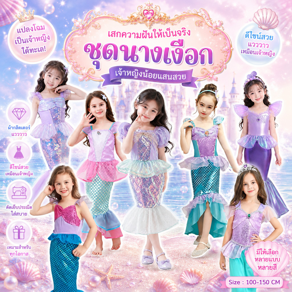 ส่งไวมาก จาก กทม ชุดนางเงือกเด็ก ชุดนางเงือก ชุดแอเรียล ชุดmermaid นางเงือก ชุดเดรสหางปลา