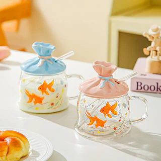 🍋500 มล.แก้วน้ําปลาทองนําโชคขนาดพร้อมฝาปิด & หลอด🐟 | ถ้วยชา บอโรซิลิเกตสูงมีหูจับ | ถ้วยนมไมโครเวฟได้ | ถ้วยกาแฟ
