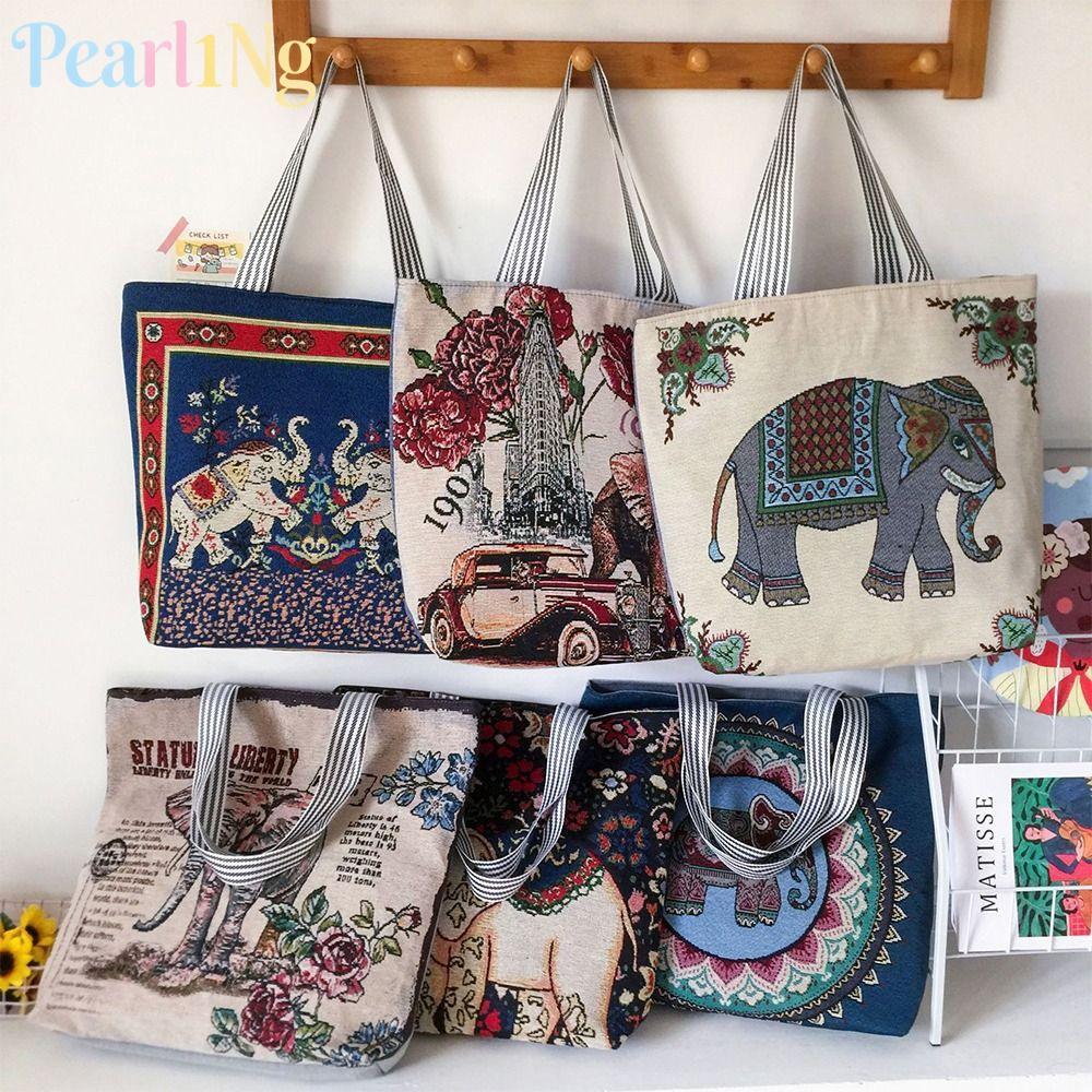 PEARLTH กระเป๋าสะพายผ้าใบ,สองด้านปักพิมพ์ผู้หญิงถุงช้อปปิ้ง,Vintage Elephant Pattern Large Tote Bag Women Girls