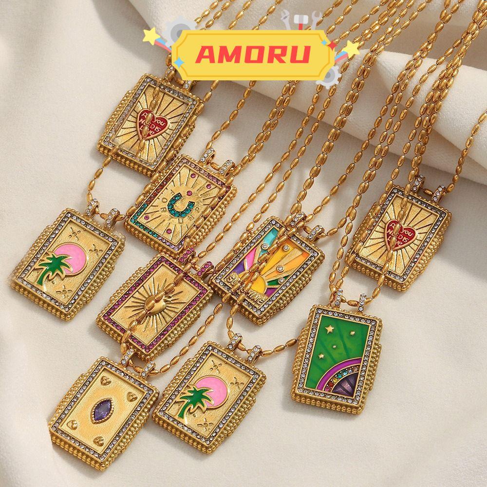 AMOR12U7 Retro สร้อยคอ,ทองเหลืองชุบทองแท้ 18K Gold Plated สร้อยคอ,หยดน้ํามันMulticolor Hypoallergeni