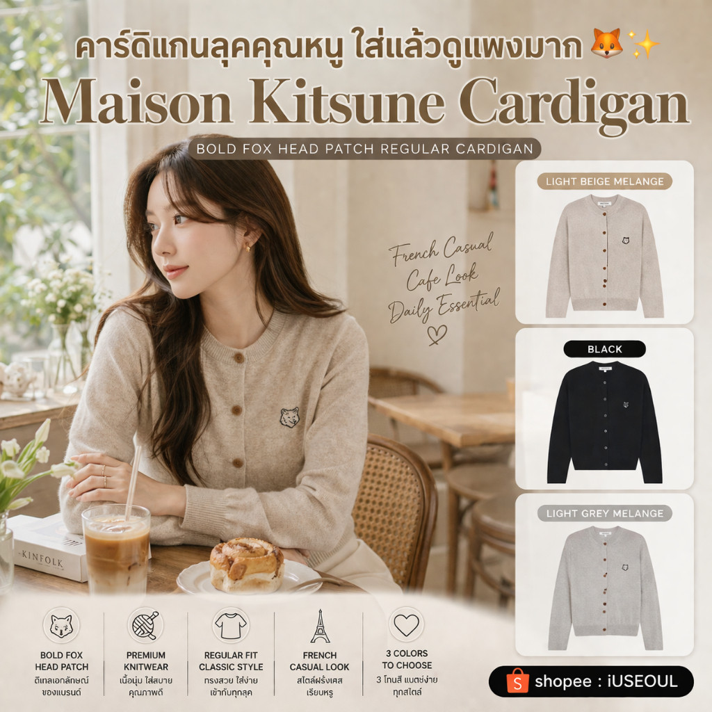 🇰🇷Maison Kitsune Bold Fox Head Patch Regular Cardigan ผู้หญิง Light Beige Black Light Grey เสื้อคาร์
