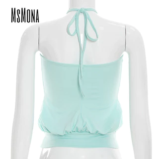 MsMona ผู้หญิง 2026 ใหม่สีทึบ Causal Street แฟชั่น Halter เสื้อกล้าม Camisole + กางเกงขาสั้นชุด