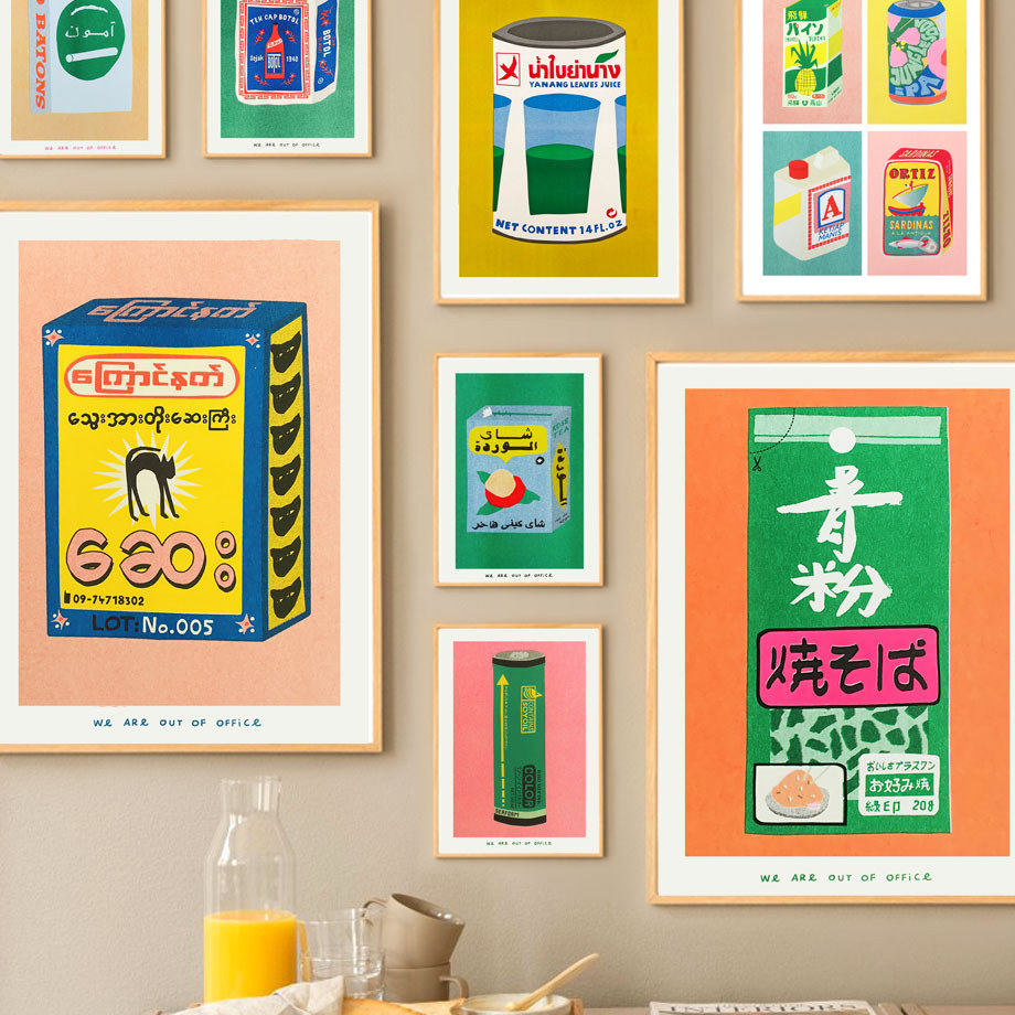 Retro Asian บรรจุภัณฑ์ Wall Art Vintage อาหารผ้าใบพิมพ์ Pop Art เอเชียขนมขบเคี้ยวโปสเตอร์ที่มีสีสัน Kitchen Gallery Wall Decor