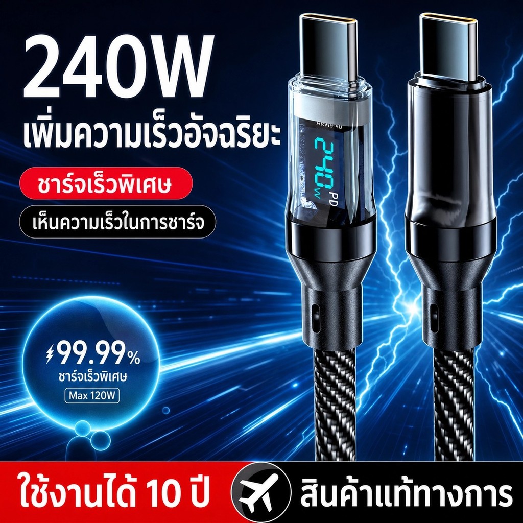 จอแสดงผลดิจิตอลอัจฉริยะสายเคเบิลข้อมูล Type-c 240W ชาร์จเร็วสุดเหมาะสําหรับApple 15 สายชาร์จ