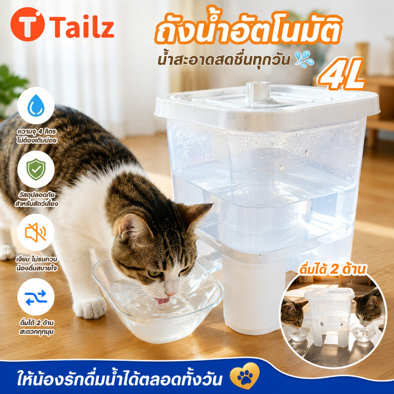 Tailz เครื่องจ่ายน้ําแมว ถังดื่มสัตว์เลี้ยง 4L น้ำพุแมวสัตว์เลี้ยงอัตโนมัติ ความจุใหญ่