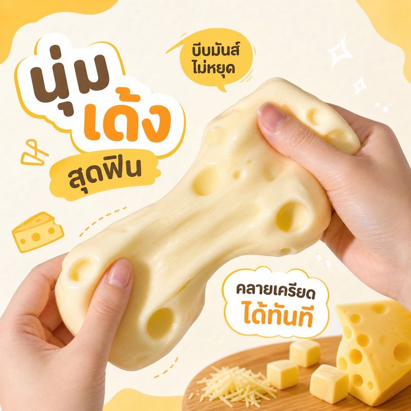 สกุชชี่ชีส ของเล่นบีบ คลายเครียด ชีสนุ่ม หนึบยืดหยุ่น คืนตัวช้า ของเล่นแก้เบื่อ ของขวัญน่ารัก