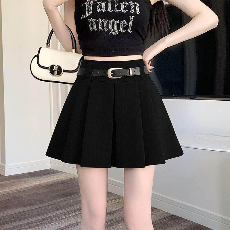 【ks1084.th】 ALeather Belt High Waist Black Anti-Glow Wool Pleated Skir 【0526X33G3SKDk】