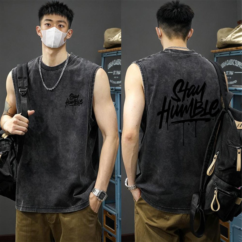 TeeTwoOneแขนกุด เสื้อกีฬา oversize ผ้าCotton 100% สบายและนุ่ม หลวม เสื้อแขนกุด 'STAY HUMBLE' 3XL