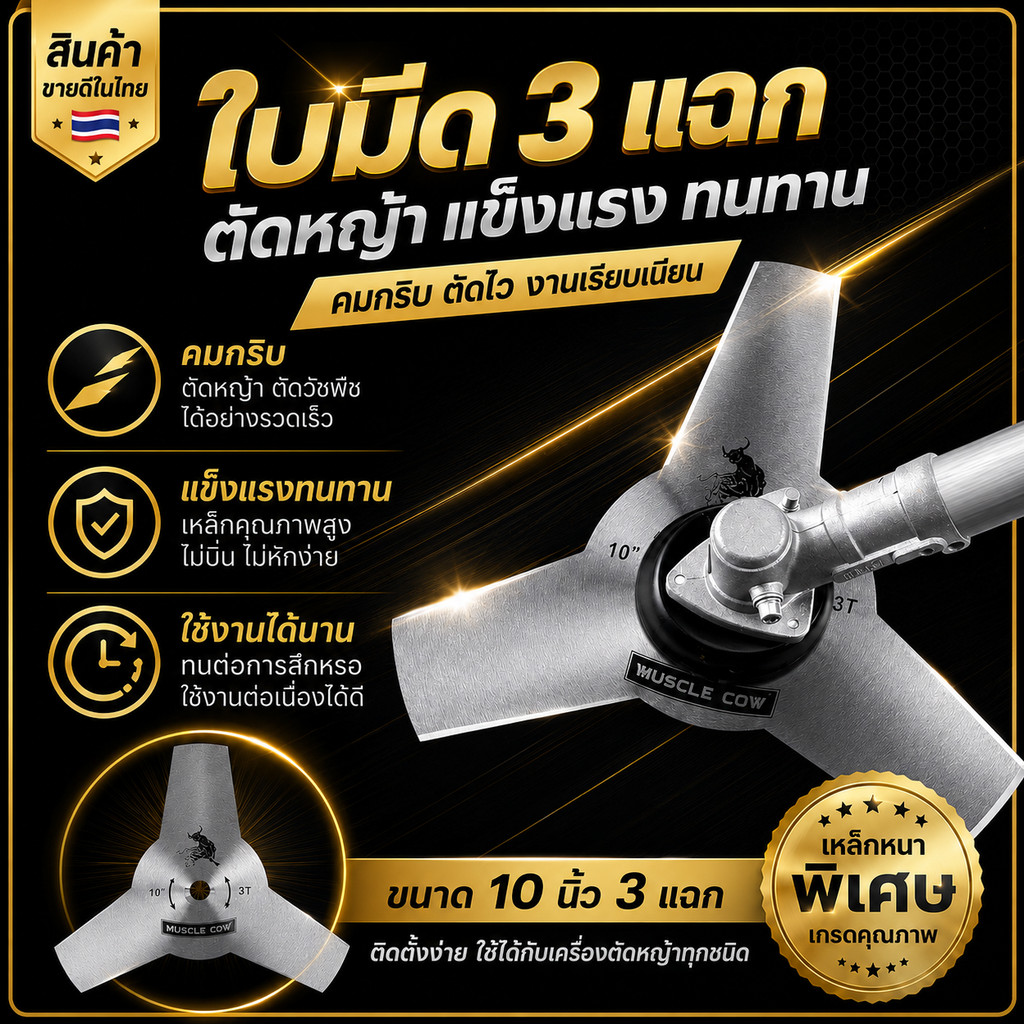 ใบตัดหญ้า 3ฟัน และ 4ฟัน 10" MUSCLE COW รุ่นหนา 1.6มิล ใบมีดตัดหญ้า 3 ซี่ ทนทาน สําหรับ ตัดหญ้า สวน