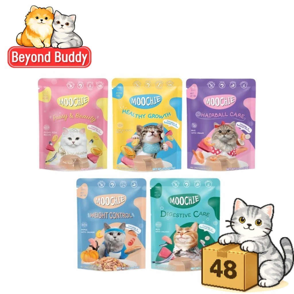 ( ยกลัง 48 ซอง ) Moochie Cat Food มูชี่ อาหารเปียกแมว สูตรสารอาหารครบถ้วน ปราศจากธัญพืช 70g.