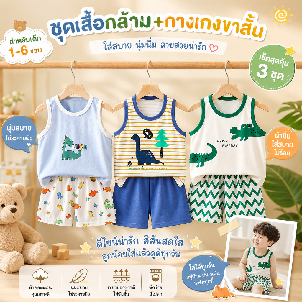 ลายใหม่!! [ชุดเช็ทเสื้อกล้ามเด็ก] เสื้อกล้าม+กางเกงขาสั้น Size73-130 3เดือน-6ปี ผ้าCotton ใส่สบาย ผ้านิ่ม ระบายอากาศ