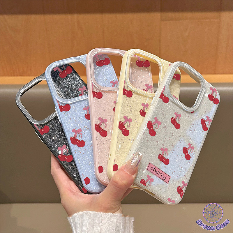 เคสผงวางสี ลายเชอร์รีโบว์ชมพู สไตล์ฮิตOPPO A18 A3X A6 X A60 A5i A57 A16 A55 A76 A52 ฤดูร้อนใหม่กรณีโทรศัพท์ Glitter ผง