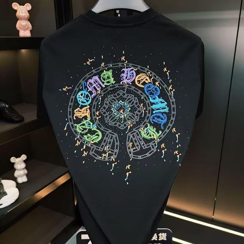 ผู้ชายผู้ชายเสื้อยืดปักสีสองด้านข้ามเกือกม้าสไตล์ถนนสบายๆแขนสั้นด้านบนเด็กชาย จุดต่ําสุด เสื้ออินเทรนด์ ที
