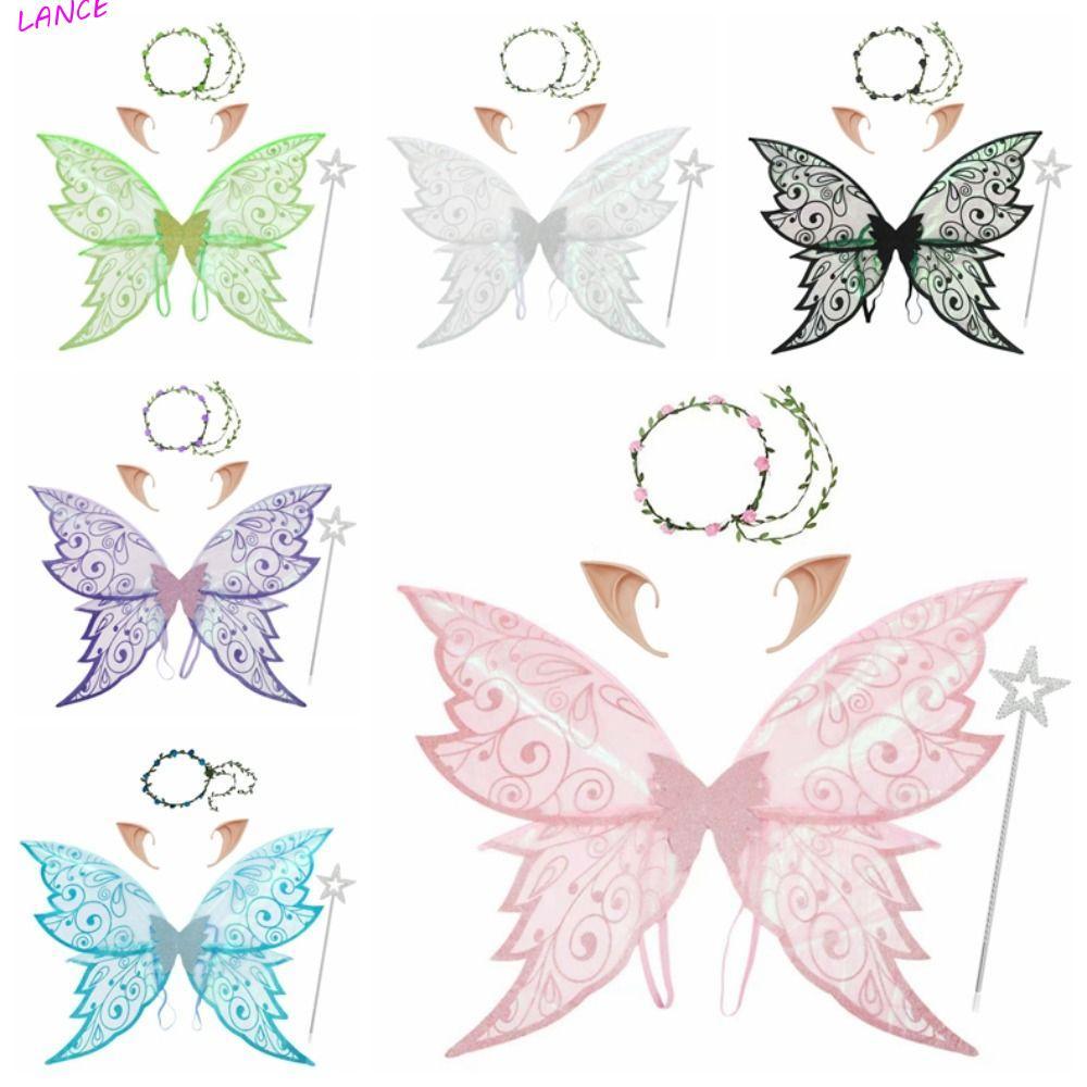 LANCE ผีเสื้อ Fairy Elf Wings, แฟนซีแต่งตัวฮาโลวีนคอสเพลย์ Props, Performance Sparkling Fairy Wand Garland เครื่องแต่งกาย Wings Party Favor