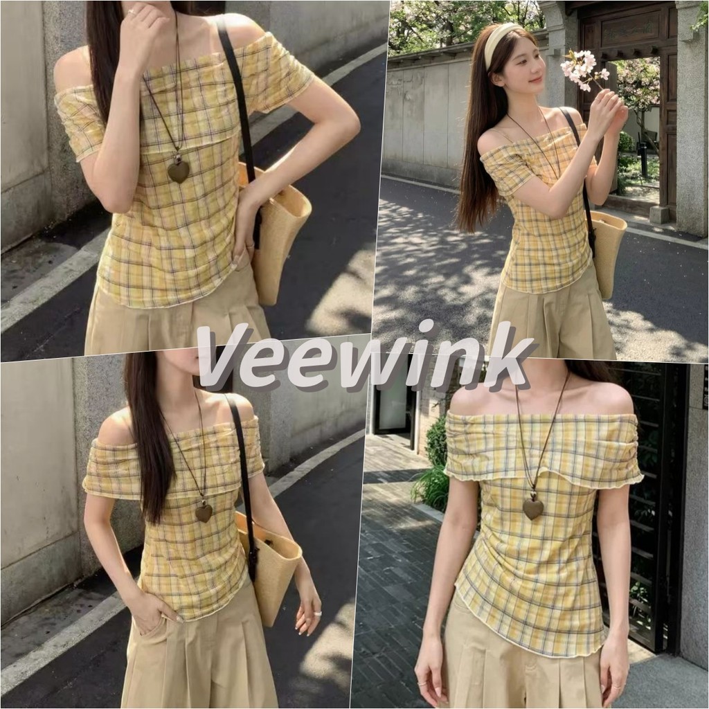 Veewink เสื้อยืดเปิดไหล่ ลายสก็อต อเมริกันวินเทจ อเมริกันวินเทจ ทรงเข้ารูป ลดน้ำหนัก แมทช์ง่าย