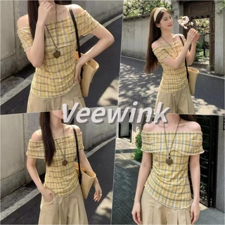 Veewink เสื้อยืดเปิดไหล่ ลายสก็อต อเมริกันวินเทจ อเมริกันวินเทจ ทรงเข้ารูป ลดน้ำหนัก แมทช์ง่าย