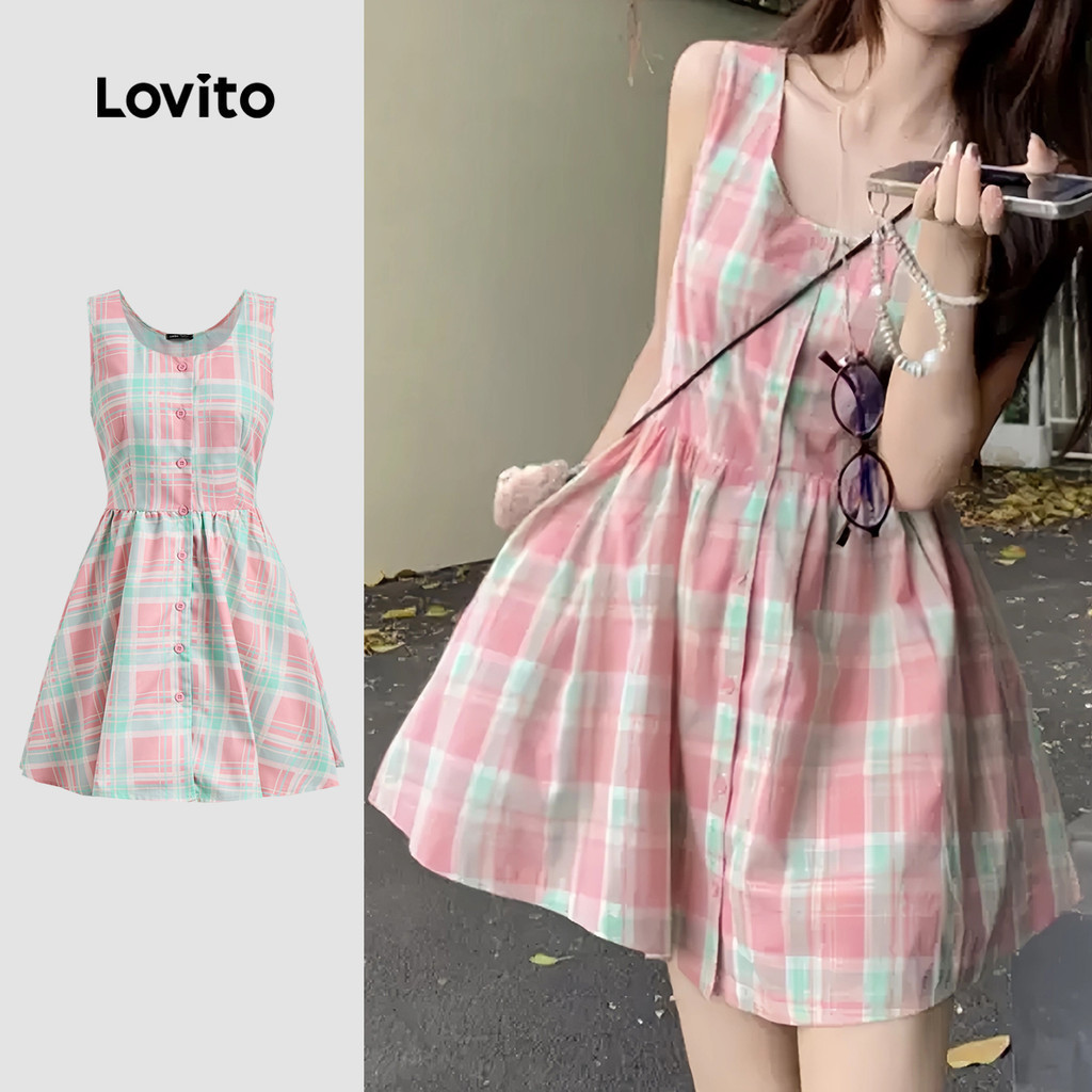 Lovito ชุดเดรสลำลองลายสก็อตติดกระดุมฤดูร้อน/ฤดูใบไม้ผลิสำหรับผู้หญิง L133AD514