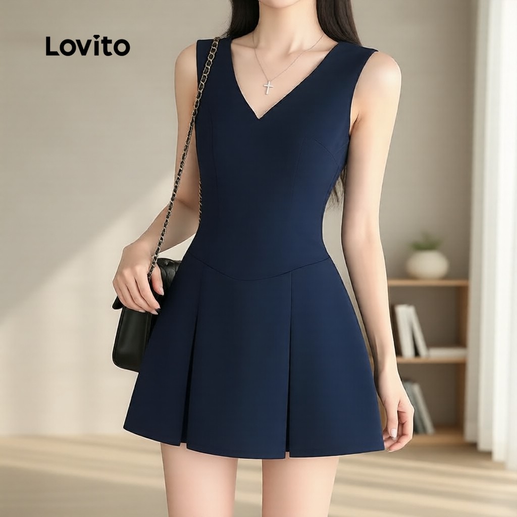 Lovito เดรสผู้หญิง น้ําเงินเข้ม ทรงสวย จีบระบาย สไตล์เรียบหรู เหมาะสําหรับหน้าร้อน/ใบไม้ผลิ L184ED084