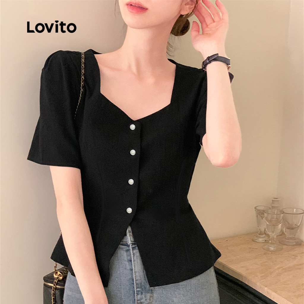 (Trendy) Lovito เสื้อลําลอง ไข่มุก ฤดูใบไม้ผลิ/ฤดูร้อนเสื้อสีดําสําหรับผู้หญิง L135ED105