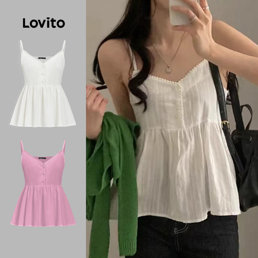 (Trendy) Lovito เสื้อกล้ามลําลองเสื้อกล้ามคอระบายธรรมดาสําหรับผู้หญิง L105MD627