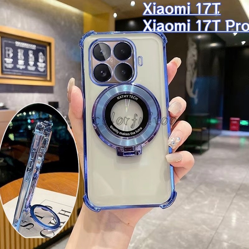 Deluxe สี่มุมถุงลมนิรภัย Clear TPU สําหรับ Xiaomi 17T Pro 17TPro 15TPro Mi15T Mi17T 5G Soft Jelly เคสกันกระแทกพร้อมขาตั้งแม่เหล็กผู้ถือหนากันชนป้องกันปกหลัง