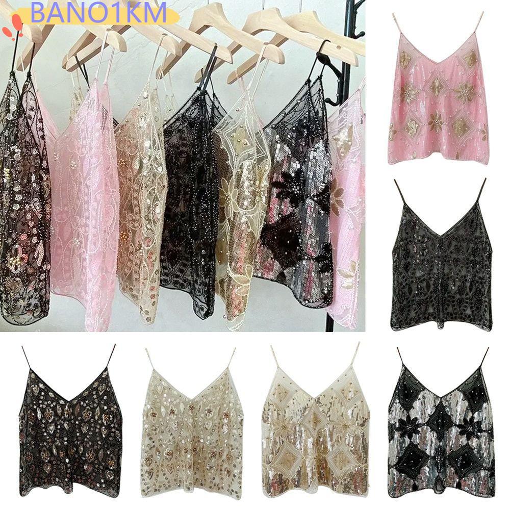 BANO1KM Halter Bras, Slim เลื่อมลูกปัดฤดูร้อน Tank Top, Beach V คอ Streetwear Bling Bling เสื้อกั๊กร