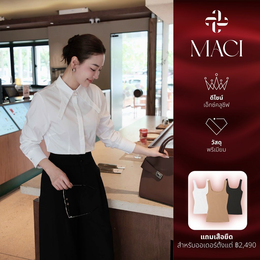 ไม้ไผ่ MACI MCASMT0177 Stylized Swallow Collar เสื้อสีขาวการออกแบบพิเศษแฟชั่นสตรี