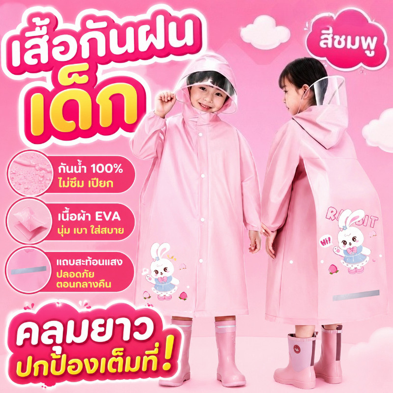ชุดกันฝนเด็ก หญิงและเด็กชาย ลายการ์ตูนน่ารัก สวมใส่กันลมและกันฝน มีช่องสะพายกระเป๋า แถบสะท้อนแส