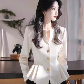 993เสื้อเชิ้ตแขนยาวฤดูใบไม้ร่วงใหม่ มีแผ่นรองไหล่ตรง ปลายกระโปรงพับลายกลีบดอก สไตล์ฝรั่งเศส รัดเอว แบบสั้น เสื้อคลุมสตรี
