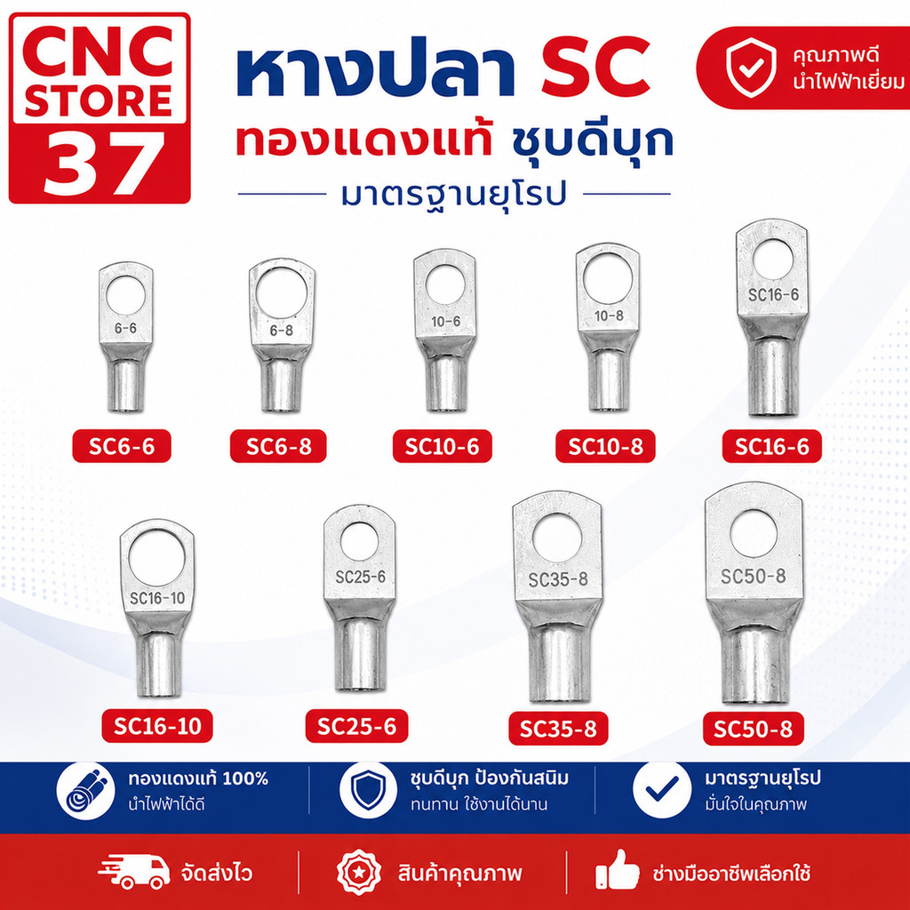 หางปลาหนา 2 ชั้นทรงยุโรป SC ทองแดงชุบดีบุก SC6-6,SC6-8,SC10-6,SC10-8,SC16-6,SC16-10,SC25-6,SC35-8,SC50-8 (ขายเป็นแพ็ค)
