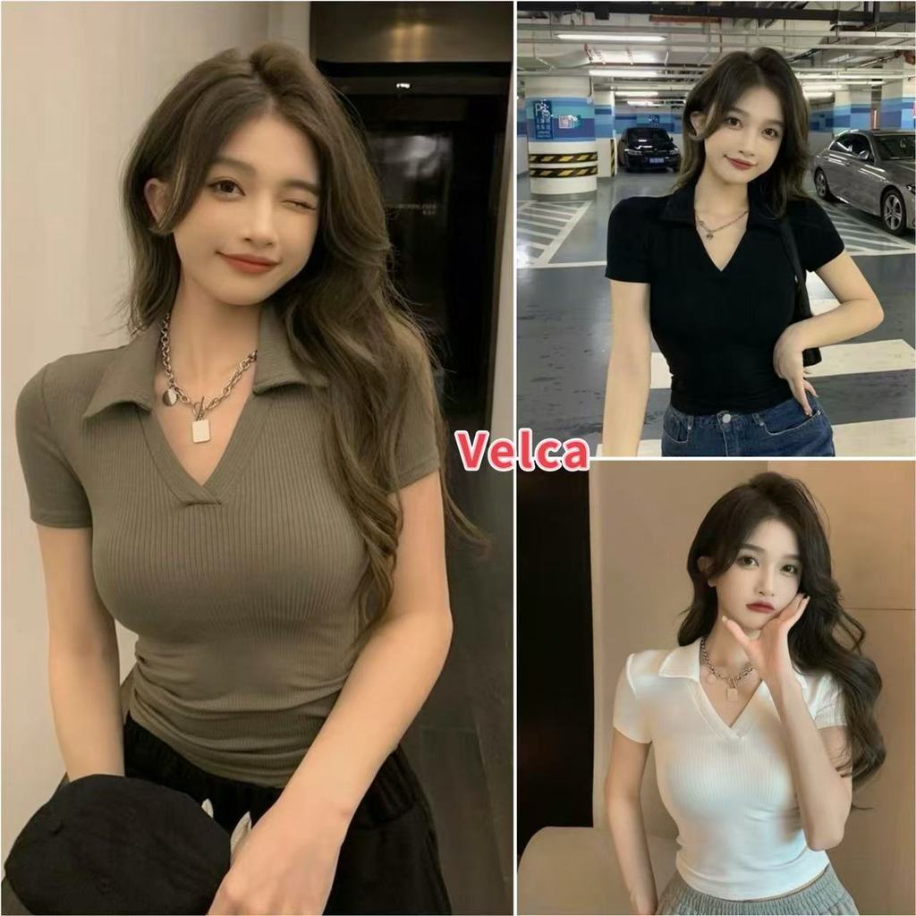 พร้อมส่ง  แขนสั้น ใส่เที่ยว เสื้อผ้าแฟชั่นเกาหลี เสื้อโปโลฤดูร้อนสำหรับผู้หญิง  ใส่ทํางาน Velca