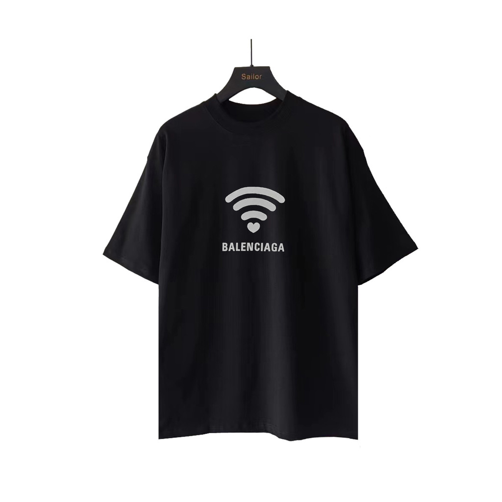 BALENCIAGA รุ่นเคาน์เตอร์เสื้อยืดแขนสั้นสไตล์คู่ Basic Daily Co-Branded Letter พิมพ์รอบคอโลโก้การพิม