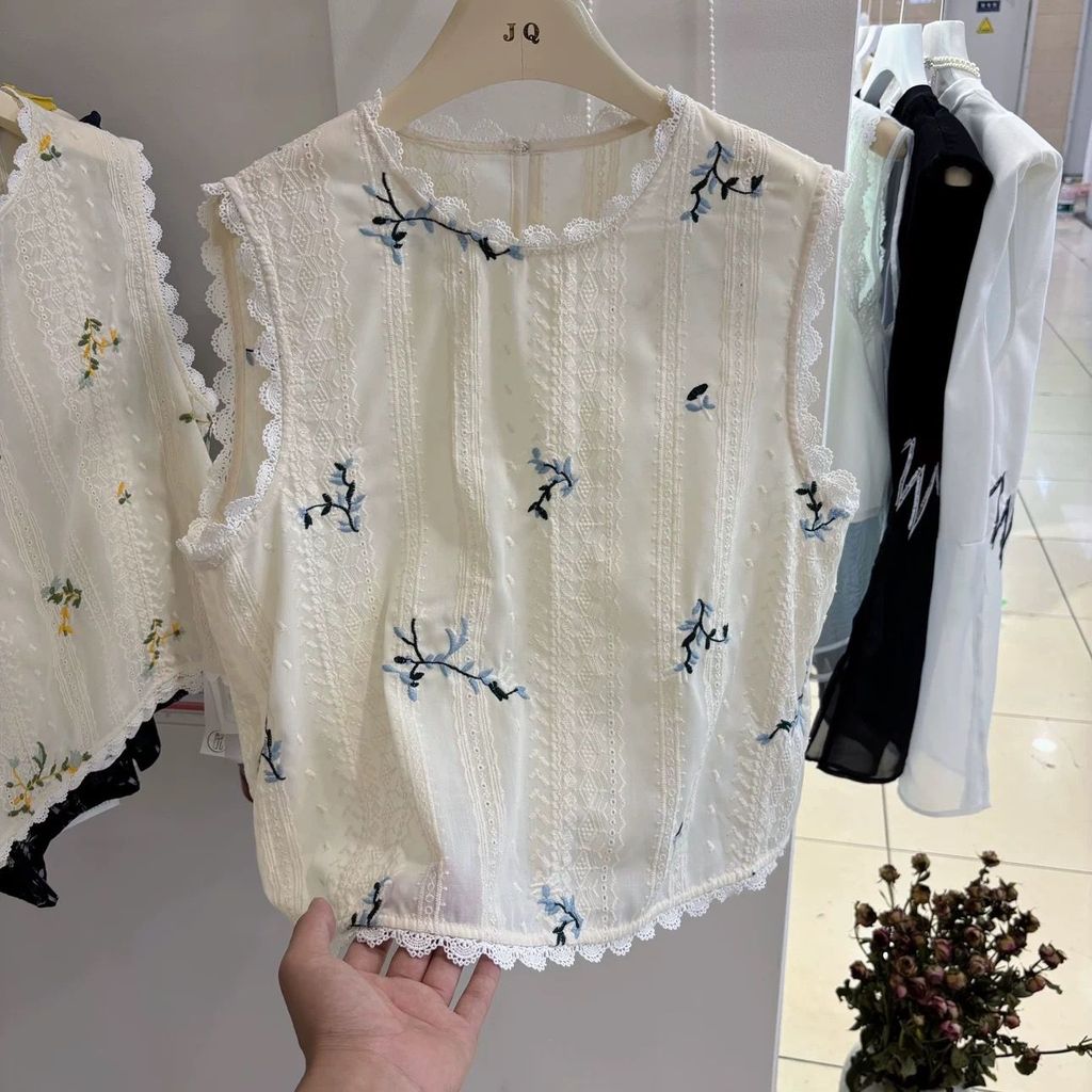 Xiaoxiang สไตล์รอบคอลูกไม้เย็บเสื้อกั๊กแขนกุดผู้หญิงฤดูร้อนหวานปักดอกไม้ Casual Slimmer ดู All-Match Top
