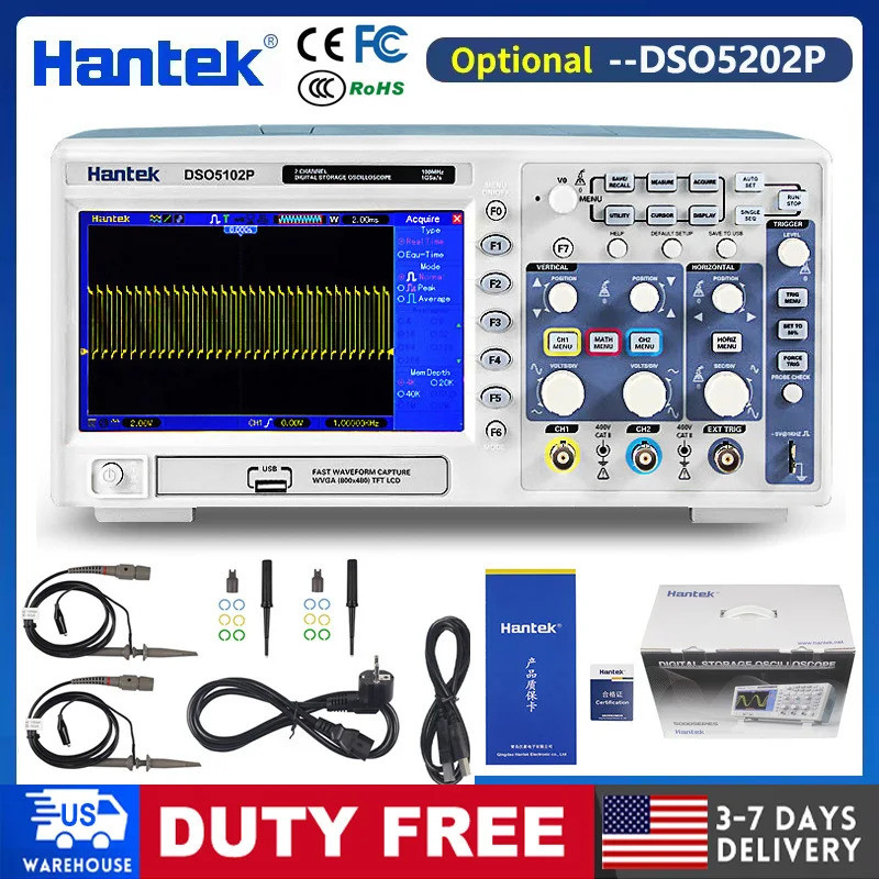 คลาสสิก Hantek DSO5202P DSO5102P DSO5072P Digital Storage Oscilloscope 2-Channel 70MHz-200MHz แบนด์ว