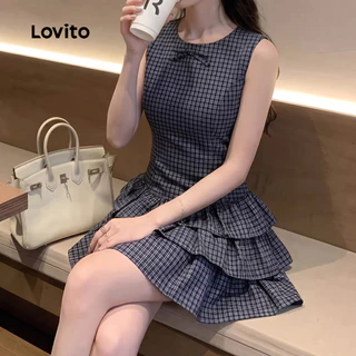 Lovito เดรสลําลองผู้หญิง ลายโบว์ด้านหน้า แต่งระบายเป็นชั้น เหมาะสําหรับฤดูใบไม้ผลิและฤดูร้อน LK6ED199