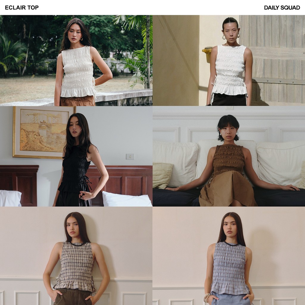 DAILY SQUAD Eclair Top ดีเทลสม็อคช่วยให้ตัวเสื้อกระชับเข้ากับรูปร่างอย่างเป็นธรรมชาติ พร้อมสายผูกด้านข้างเพิ่ม movement